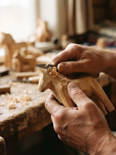 Close-up of warm hands gently carving a wooden toy horse, soft natural window light reflecting on pine wood grain, warm editorial photography, 35mm