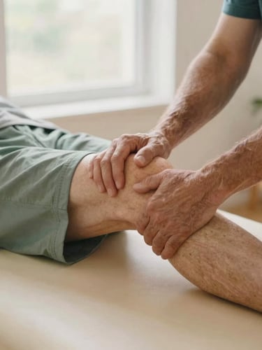 Close-up of a physiotherapist's hands gently guiding an elderly patient's knee movement on a portable therapy table, soft natural window light, warm sand and sage green tones, intimate framing, 35mm
