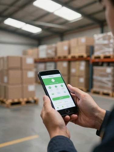 Wide shot from inside a distribution warehouse, a worker's hands holding an Android device at waist height showing a logistics app screen, wooden pallets and cardboard boxes stacked in the background, diffuse natural daylight through high clerestory windows casting soft overhead light, no direct flash, medium shot showing both hands and the phone screen together