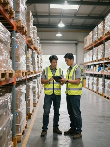 Wide shot of a warehouse shipping floor at mid-morning, two workers in hi-vis vests reviewing an Android tablet together beside a row of labeled pallets, overhead work lights supplemented by daylight from skylights, natural unretouched environment with visible inventory racks in the background