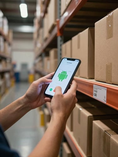 Medium shot from above, warehouse worker's hands gripping an Android device pointed at a shelf label in a dimly lit aisle, overhead work lights casting hard shadows on brown cardboard boxes stacked to the right, screen glow visible on the worker's wrists, no posed subjects