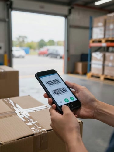 Medium shot from slightly above, hands holding a mid-range Android device on a busy warehouse receiving dock, scanning a barcode on a cardboard box under overcast daylight through a large loading bay door, wooden pallets and stacked inventory visible in the soft background