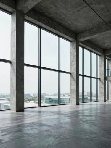Wide-angle architectural view of an empty raw concrete office shell with massive floor-to-ceiling windows and bright natural daylight, clean structural columns, cool charcoal tones.