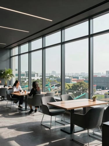 Bright, natural daylight streaming through floor-to-ceiling windows of a modern collaborative office lounge in Mohali, cool charcoal tones, wide-angle lens