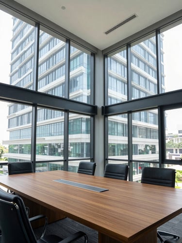 Wide-angle architectural photograph of a modern glass-walled boardroom in Mohali IT City, bright natural daylight streaming through floor-to-ceiling windows, sharp focus on premium oak conference table