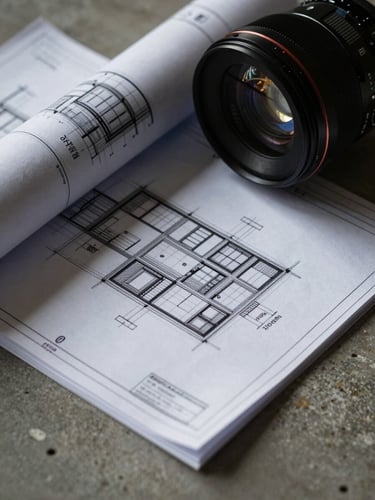 Extreme close-up of architectural blueprints resting on a raw concrete surface, low-key dramatic side lighting.