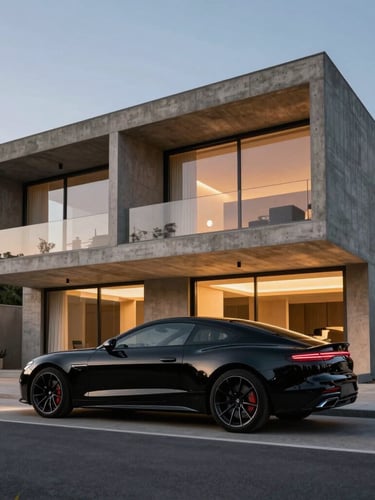 Wide panoramic low-angle shot of a brutalist concrete villa at dusk, a sleek black modern luxury coupe parked in the foreground, dramatic architectural shadows, warm interior glow.