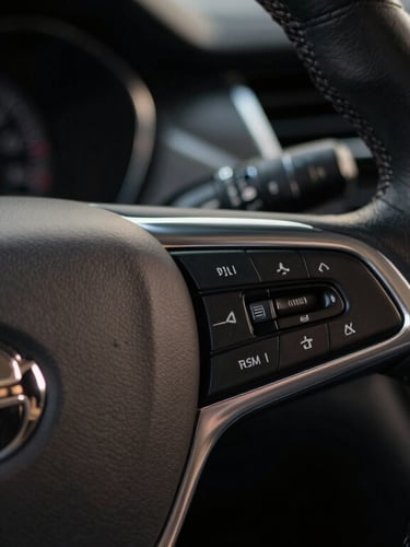 Extreme close-up of a premium leather-wrapped steering wheel and brushed steel dashboard details inside a luxury vehicle, low-key dramatic lighting.