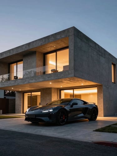 Low-angle architectural exterior of a concrete modernist villa at dusk, warm interior lights glowing, a sleek dark automotive silhouette parked in the driveway, dramatic shadows.