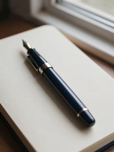 Close-up of a high-end analog fountain pen resting on a heavy cream paper notebook, soft window light, shallow depth of field, muted navy tones