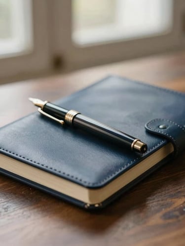 Close-up of a fountain pen and a high-quality leather notebook on a dark oak table, soft side lighting from a window, warm champagne accents, shallow depth of field