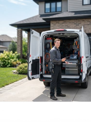 Clean Prime Vision Garage Door's Service Crew truck parked in a residential driveway, technician in uniform standing by the truck, bright daylight, sharp focus.