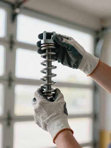 Close-up of a technician's hands, wearing work gloves, expertly adjusting a heavy-duty steel torsion spring on a garage door, bright garage interior lighting, sharp focus.