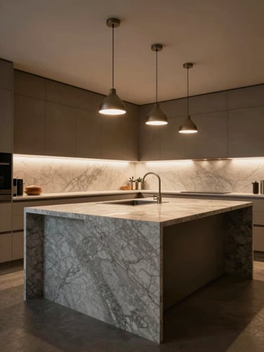 A dramatic, low-angle shot of a monolithic marble kitchen island under warm, ambient pendant lighting.
