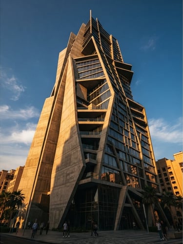 Low-angle architectural photograph of a modern geometric concrete and glass tower in Dubai, dramatic side-lighting casting deep shadows, warm sand tones.