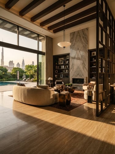 Low-angle architectural shot of a sprawling luxury villa living room in Dubai, dramatic side-lighting casting long shadows across warm travertine floors, custom millwork visible, medium format.