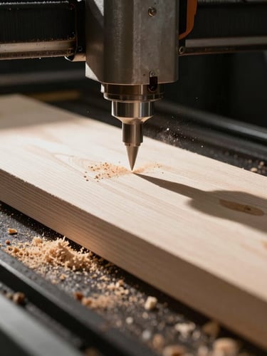 Close-up macro photograph of raw premium timber being shaped by high-precision CNC machinery, sawdust caught in a sharp beam of natural side-light, dark industrial background.