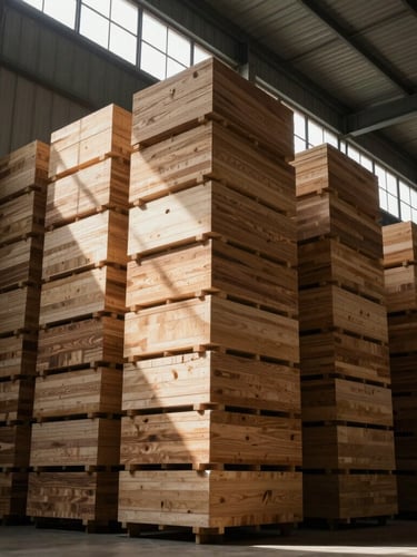 Low-angle architectural shot of a massive wood-conditioning warehouse, towering stacks of premium oak, dramatic side-lighting pouring through high windows.