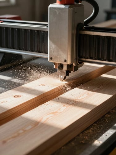 High-contrast shot of raw timber being cut by a precise CNC machine, sawdust particles catching natural side-light.
