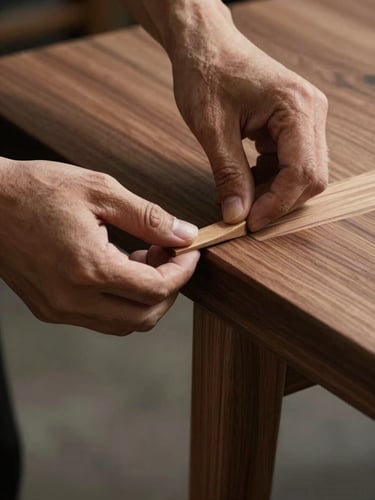 Close-up of a master artisan's hands carefully polishing a custom walnut table joint, dramatic side-lighting showing wood grain texture, warm neutral tones.