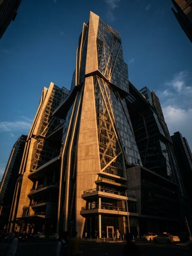 Low-angle architectural photograph of a modern corporate headquarters in Dubai, cast in deep shadows with warm side-lighting on concrete and glass facets.