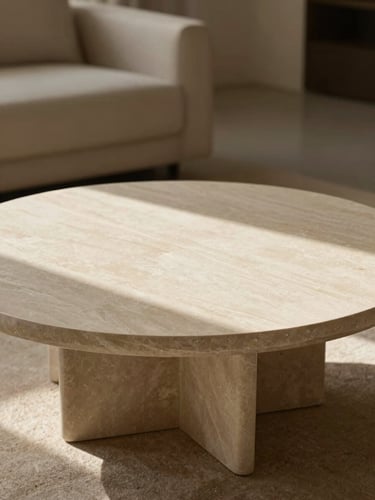 A close-up of a sculptural travertine coffee table in a sunlit, minimalist living room with warm sand tones.