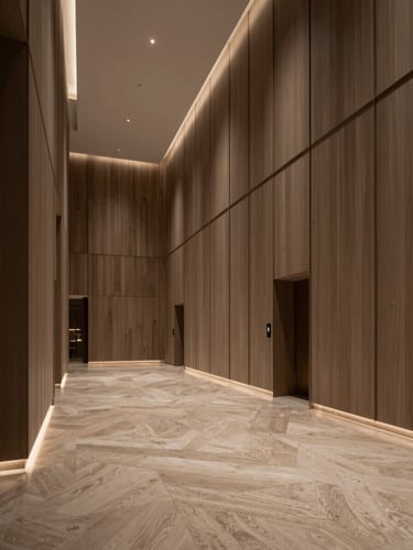 Wide architectural shot of a luxury hotel lobby featuring custom timber wall panels and integrated ambient lighting.