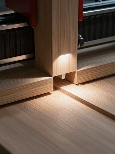 Macro close-up of an automated CNC router cutting clean joints into premium solid oak, fine wood dust illuminated by sharp industrial spotlights, high-contrast.