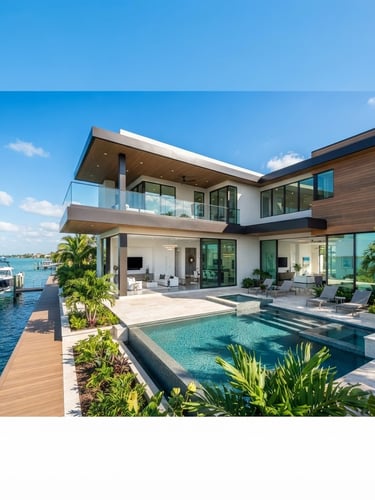 Sun-drenched modern architectural exterior of a luxury Florida home, sharp clean shadows, bright daylight, wide angle perspective.