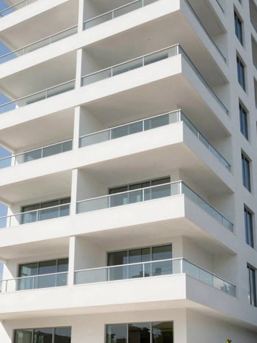 Bright modern architectural detail of a high-end Florida residential building, crisp clean shadows, natural daylight, wide angle perspective
