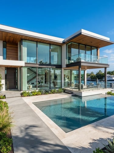Bright architectural photography of a modern luxury minimalist home exterior in Florida, crisp clean shadows, sun-drenched concrete and glass, wide angle lens, blue sky.