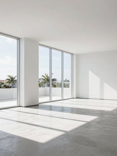 Minimalist sun-drenched modern interior of a Florida office, clean lines, natural light pouring through wide windows, crisp shadows.