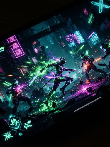 Extreme close-up macro tech photography of a high-resolution Android screen displaying a fluid, neon-lit action game, vibrant green and purple edge lighting, low-key cyberpunk atmosphere.