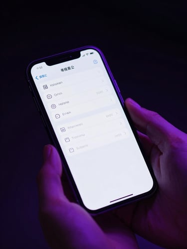 Close-up of hands holding a smartphone, a clean game settings menu visible on screen, soft purple neon edge lighting, dark studio setting.
