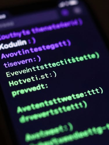 Extreme close-up of an Android phone screen showing a running Kotlin test suite, vibrant neon purple and green code syntax highlighting, dark moody atmosphere, sharp macro details, 50mm lens.