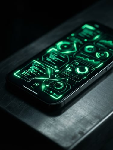 Low-key studio shot of a modern Android smartphone resting on a dark metallic surface, displaying a vibrant Kotlin-based UI mockup with glowing neon green accents.