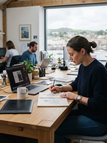 Environmental portrait of a modern creative workspace in Douglas, Isle of Man, bright natural daylight, soft shadows, sharp focus