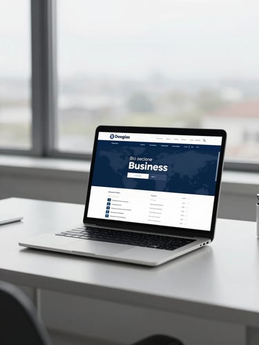 A clean, modern office desk in Douglas, Isle of Man, with a laptop displaying a fast business website dashboard, soft daylight from a window, professional atmosphere.