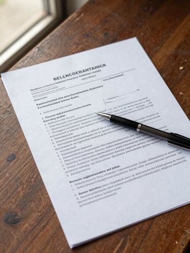 Close-up overhead flat-lay of annotated Malaysian legal briefs on a worn wooden table, handwritten margin notes visible, natural window light from the left, regulatory document headers partially visible, a pen resting across the page