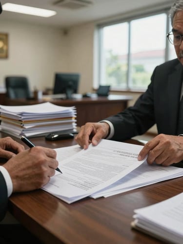 Close environmental shot of a Malaysian legal office, a senior lawyer's hands reviewing annotated regulatory documents on a dark timber desk, natural daylight from a side window, overhead fluorescent also present, stacks of case files visible in background, KL setting