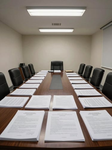 Wide environmental shot of a Malaysian law office meeting room, overhead fluorescent lighting uncorrected, case files and regulatory documents arranged across a dark wood conference table, empty chairs, no people present
