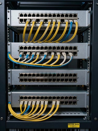 Close-up overhead shot of a structured network rack with neatly bundled cables, patch panels and switch ports visible under cool studio lighting, every cable labeled and color-coded, no human subjects