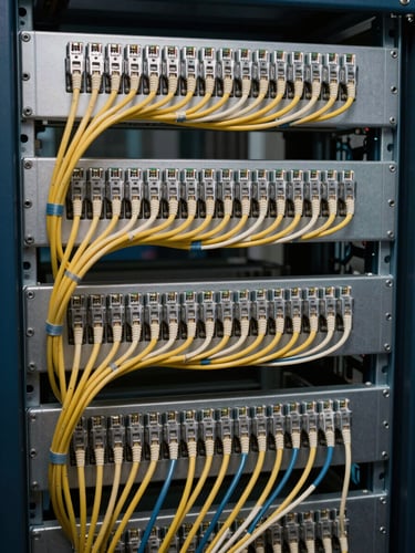 Close-up overhead shot of a structured cabling rack, neatly bundled and labeled ethernet cables in a steel enclosure, cool studio lighting revealing every connector and tie-wrap, no people in frame
