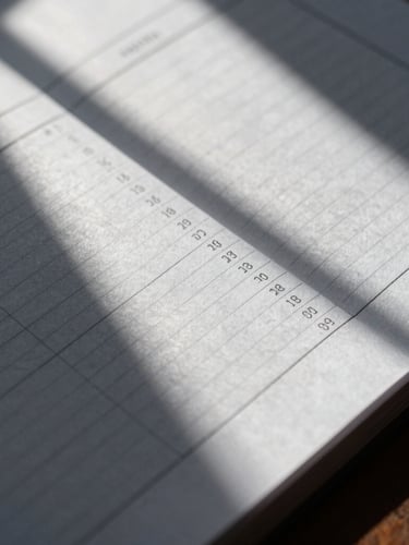 A close-up photograph of thick, high-texture financial ledger paper under dramatic, directional window light, casting long shadows across structured columns.