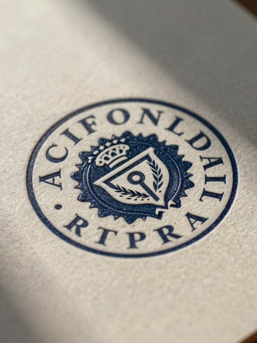 Tight macro detail of heavy textured paper with embossed corporate seal, sharp shadows, directional window light