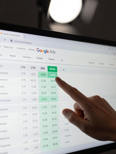 Extreme close-up of a monitor screen showing a Google Ads campaign performance report with CTR, CPC, and ROAS columns highlighted, cool studio strobe lighting from above, a hand pointing at the ROAS figure