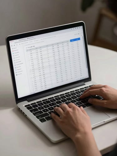 Medium shot, cool studio light, a laptop screen showing a live Google Ads campaign dashboard — CTR and conversion columns clearly visible — on a clean desk surface, hands resting at the keyboard, active work in progress, no person's face visible