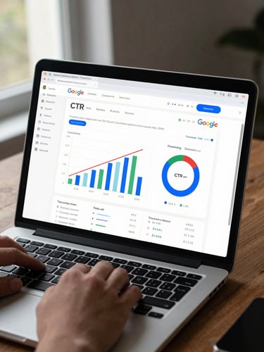 Medium shot of a laptop screen on a desk showing a Google Ads campaign dashboard with CTR and conversion graphs, cool indoor daylight, hands resting on keyboard in lower frame