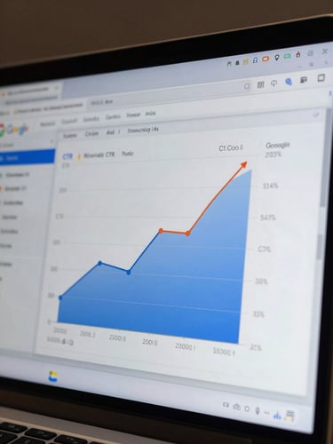 Extreme close-up of a laptop screen displaying a Google Ads campaign dashboard, CTR and conversion rate graphs trending sharply upward, cool indoor studio lighting, data labels clearly visible, no people in frame
