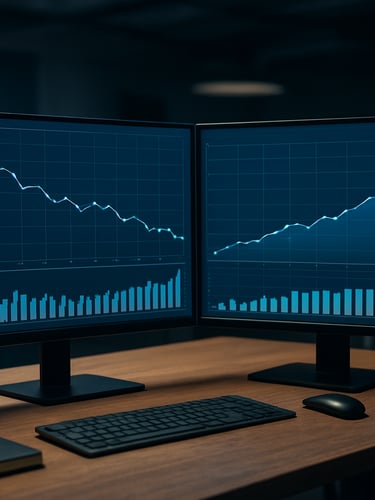 Wide environmental shot of a workspace with two monitors showing analytics dashboards side by side, cost-per-conversion graphs trending downward on the left screen, lead volume chart trending upward on the right, cool studio lighting, no people